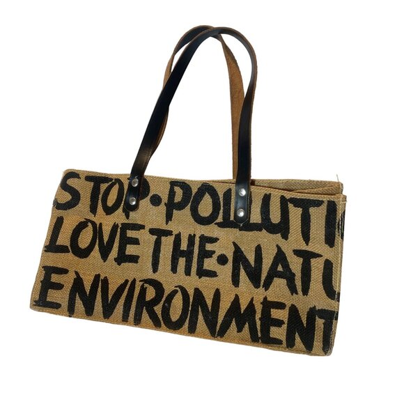 Eco-Friendly Jute Tote Bag With Leather Handles Brown environmental theme Small - Picture 1 of 8